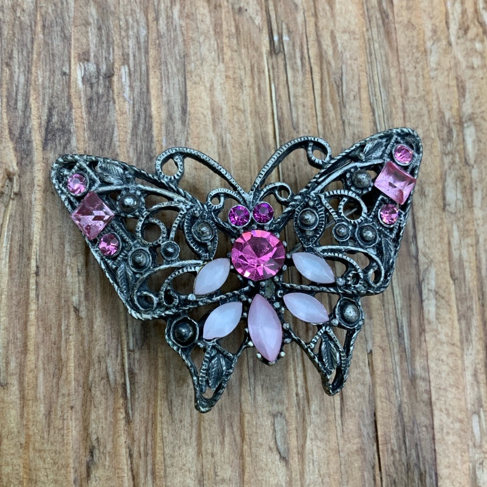 Butterfly Pink Rhinestone Gun Metal Filigree Brooch Pin
